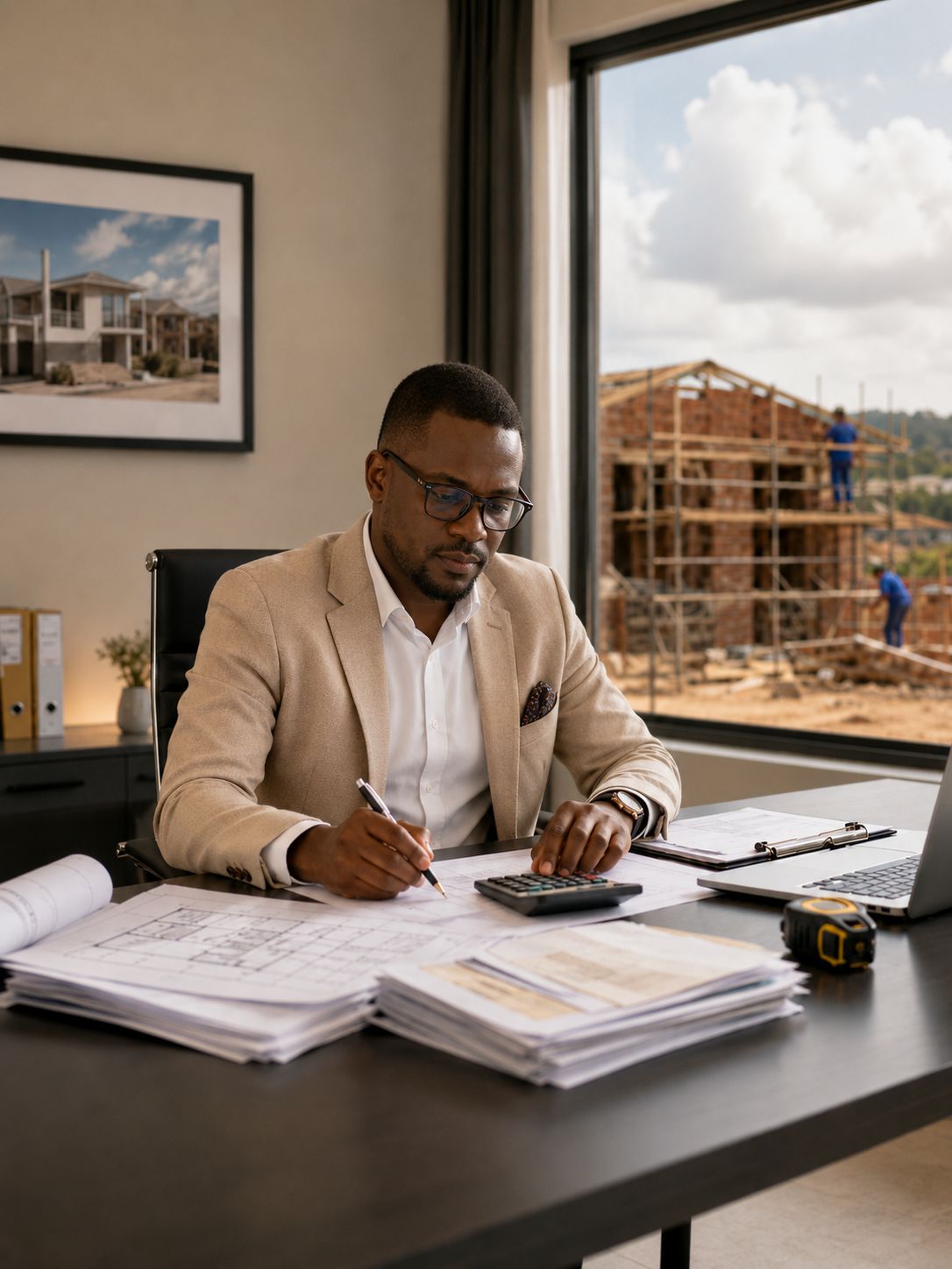 Anele Dube, Senior Quantity Surveyor, reviewing construction drawings at desk with building site in background